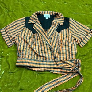 Unique Vintage Orange and Black Plaid Wrap Top